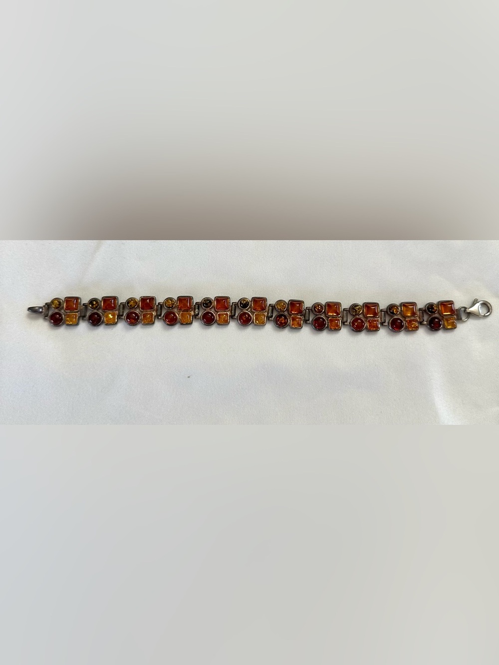 925 Sterling Silver Baltic Amber Geometric Link Bracelet 7.25” - Picture 2 of 6